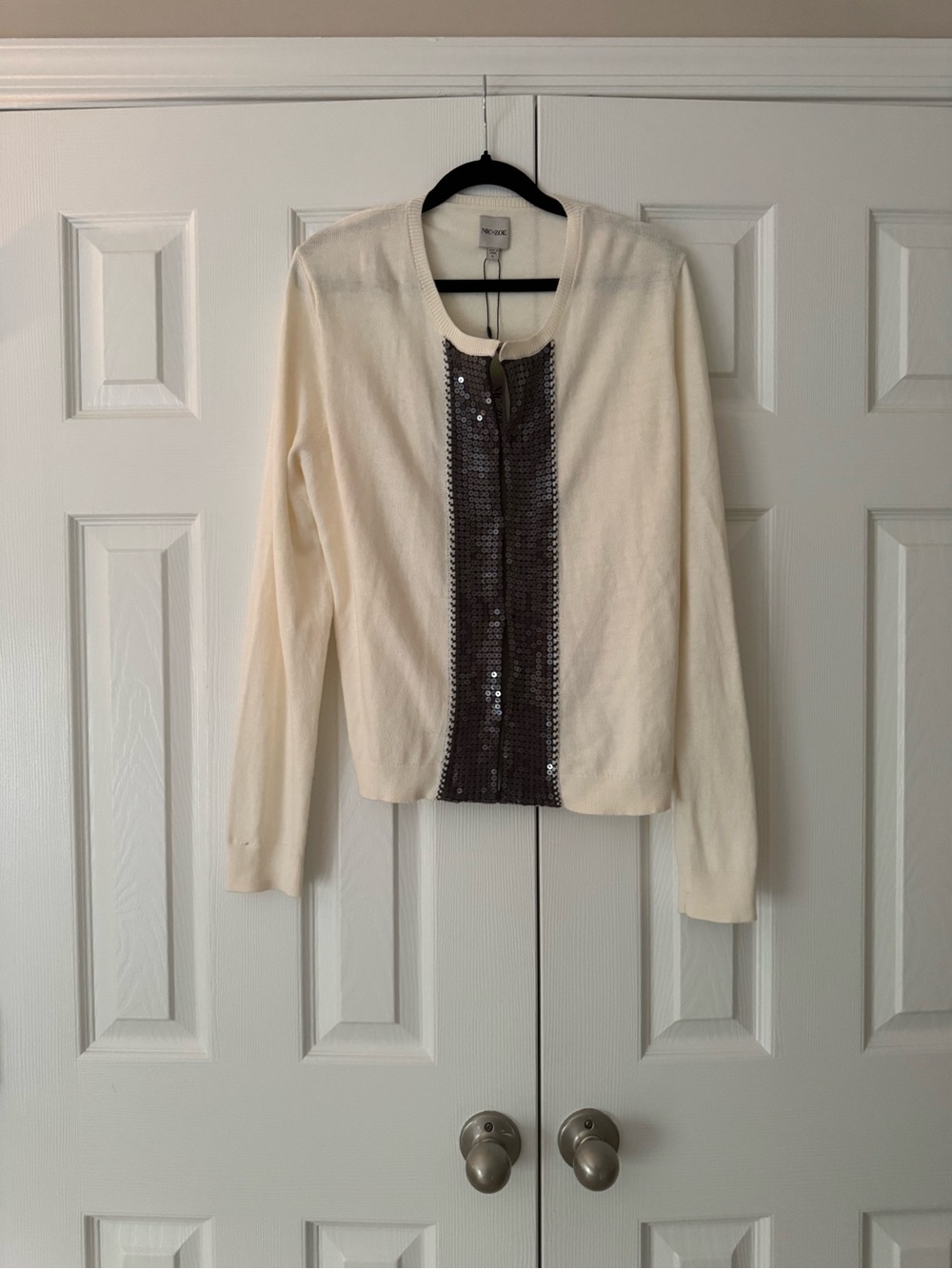NWT NIC+ZOE Cream Cardigan with Gunmetal Sequin Panel, size large